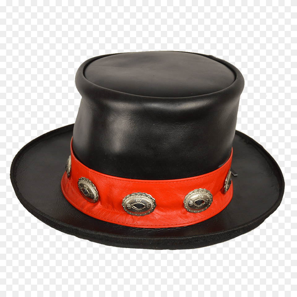 Mens Black Leather Mad Hatter Top Hat With Red Stripe And Conchos, Clothing, Sun Hat Png