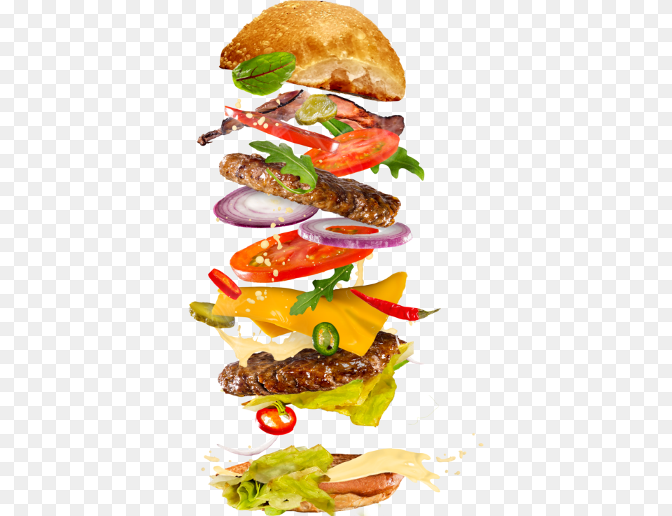 Menu Burger Restaurant In Burger Flying Ingredients, Food, Food Presentation Png