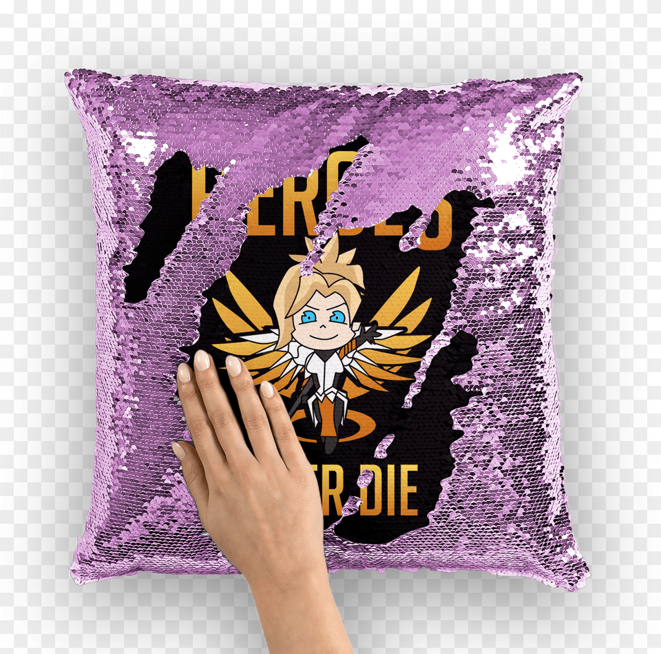 Mercy Chibi Sequin Cushion Cover Danny Devito Sequin Pillow, Home Decor, Baby, Person, Purple Png Image