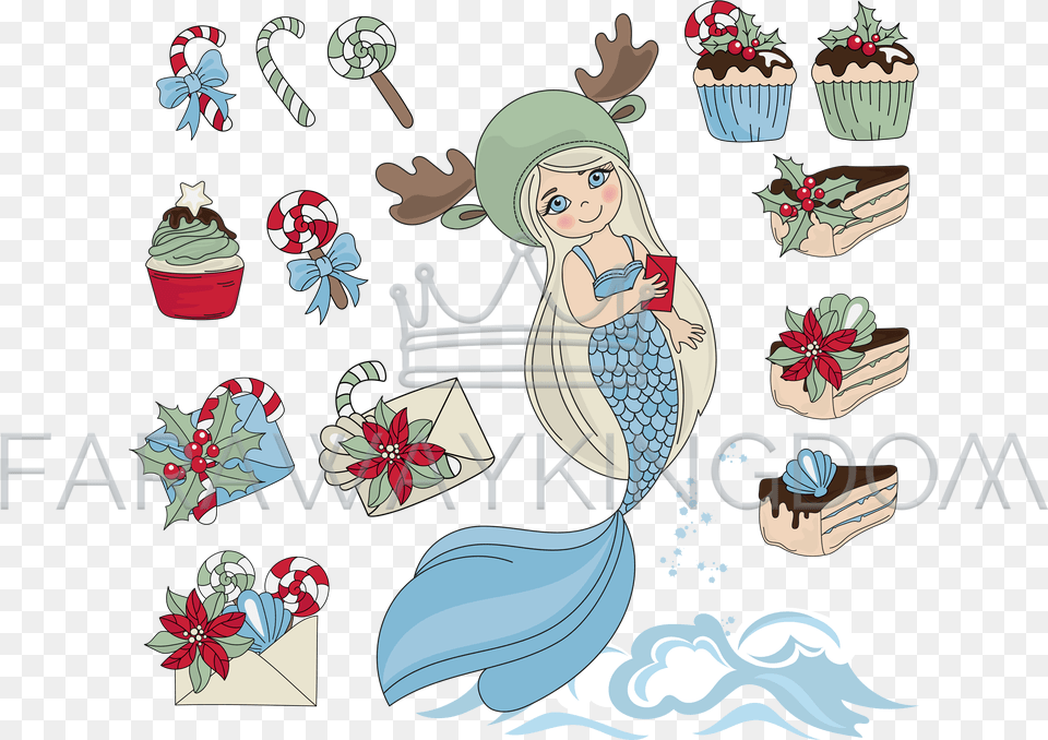 Mermaid Sweet Set Merry Christmas Vector Illustration Merry Christmas Mermaid, Art, Graphics, Book, Comics Free Png Download