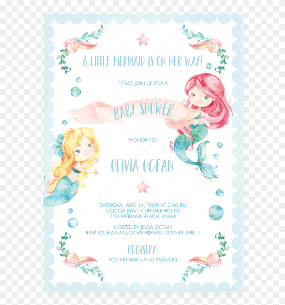 Mermaid Under The Sea Baby Shower Invitation Template Baby Shower Invitation Mermaid, Advertisement, Poster, Person, Face Png