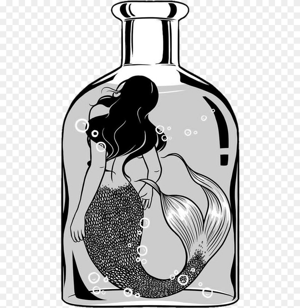 Mermaid Water Blackandwhite Bottle Tumblr Henn Kim, Person, Alcohol, Beverage Png Image