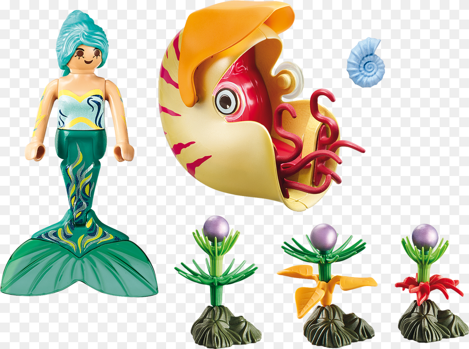 Mermaid With Sea Snail Gondola Playmobil Mermaid, Figurine, Doll, Toy, Face Png