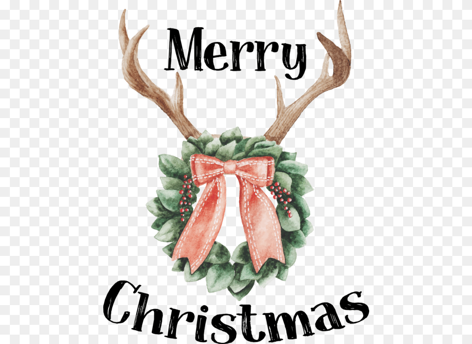 Merry Christmas Deer Antlers And Wreath Christmas Watercolor Deer Antlers, Antler, Animal, Mammal, Wildlife Png