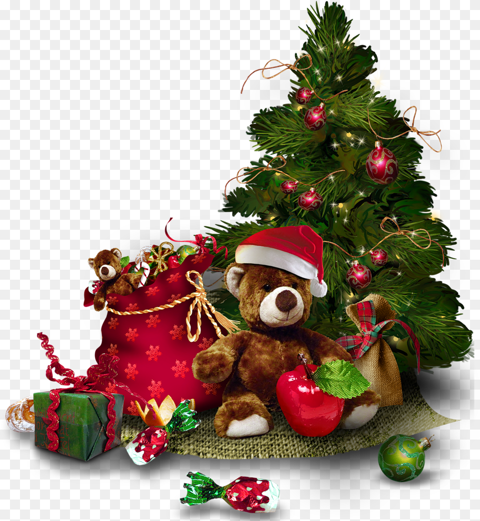 Merry Christmas Tree, Teddy Bear, Toy, Christmas Decorations, Festival Png Image