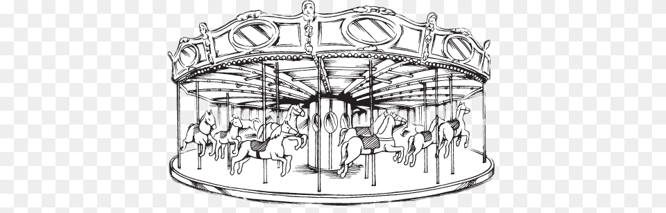 Merry Go Round Black And White Drawing, Amusement Park, Play, Carousel, Person Free Png