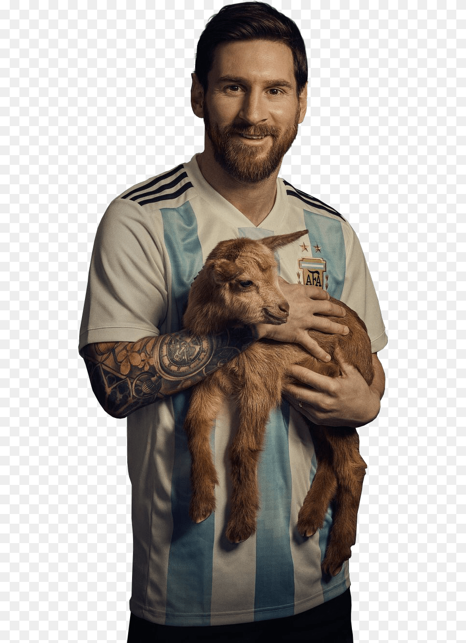 Messi Argentina Lionel Messi Fur Coat Soccer Futbol Messi With Baby Goat, Adult, Man, Male, Person Png Image