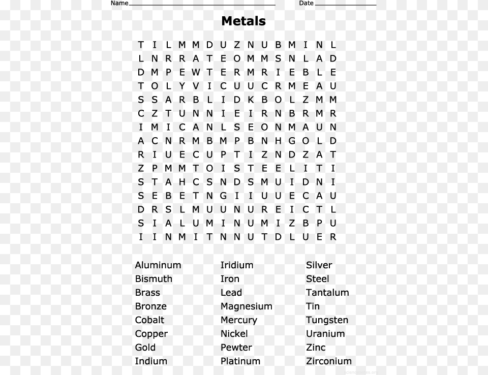 Metals Wordsearch, Gray Free Png Download