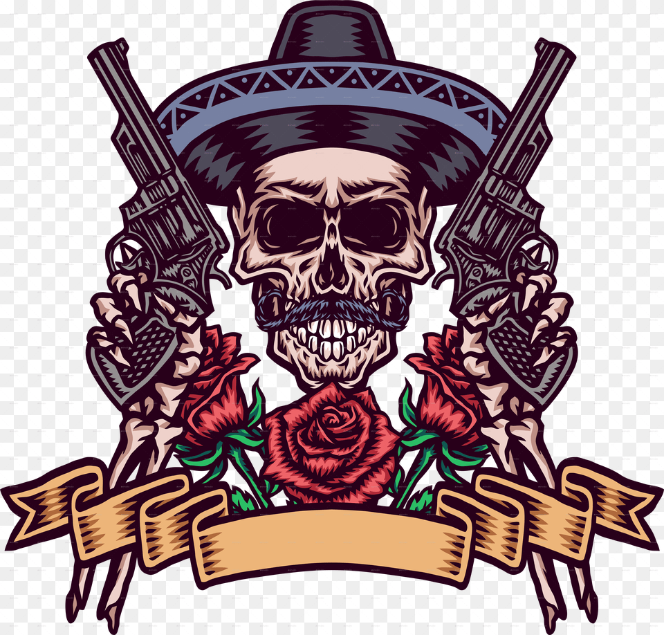 Mexican Skull With Guns, Adult, Person, Man, Male Png Image