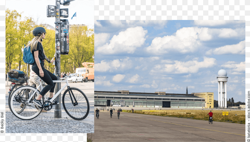 Mianzi Rei On Her Bike And A Picture Of The Tempelhofer Hybrid Bicycle, Wheel, Machine, Vehicle, Transportation Png Image