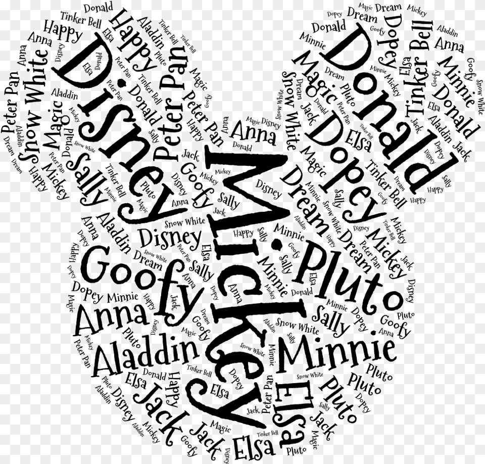 Mickey Mouse Word Cloud, Gray Free Png