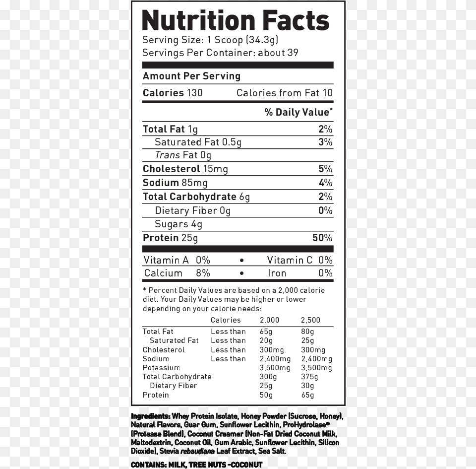Micropure Whey Protein Isolateclass Califia Farms Coconut Milk Nutrition, Text, Document, Receipt Free Transparent Png