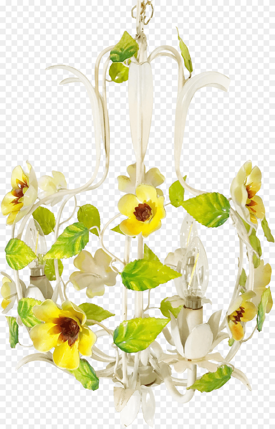Mid Century Yellow Floral Tole Chandelier Floral, Flower, Lamp, Plant, Flower Arrangement Png
