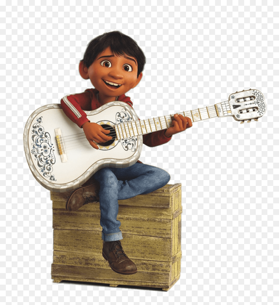Miguel Sitting On Wooden Crate, Guitar, Musical Instrument, Boy, Person Png Image