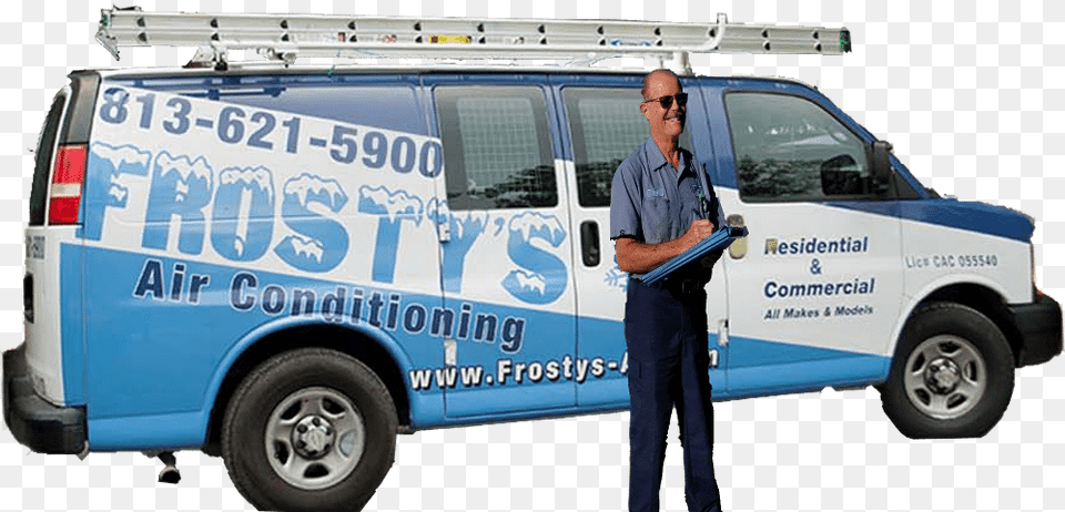 Mike Pearman Standing By A Frostys Air Conditioning Air Conditioning Truck, Adult, Vehicle, Transportation, Person Free Png Download