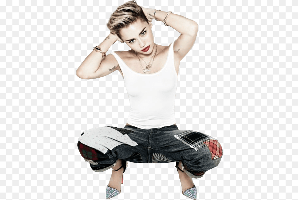 Miley Cyrus Kneeling Down Miley Cyrus, Pants, Clothing, Sitting, Person Png