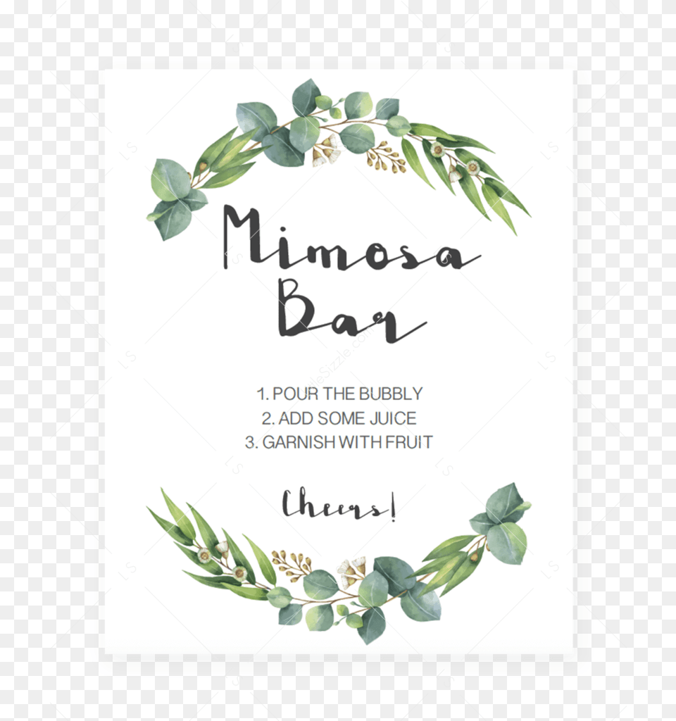 Mimosa Bar Sign Printable With Watercolor Green Leaves Wedding Invitation Word Template, Advertisement, Herbal, Herbs, Leaf Png Image