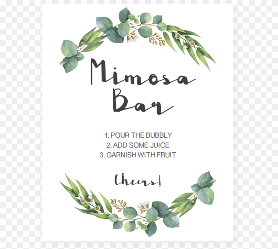 Mimosa Bar Sign Printable With Watercolor Leaves By Watercolor Green Leaf, Advertisement, Herbal, Herbs, Plant Png