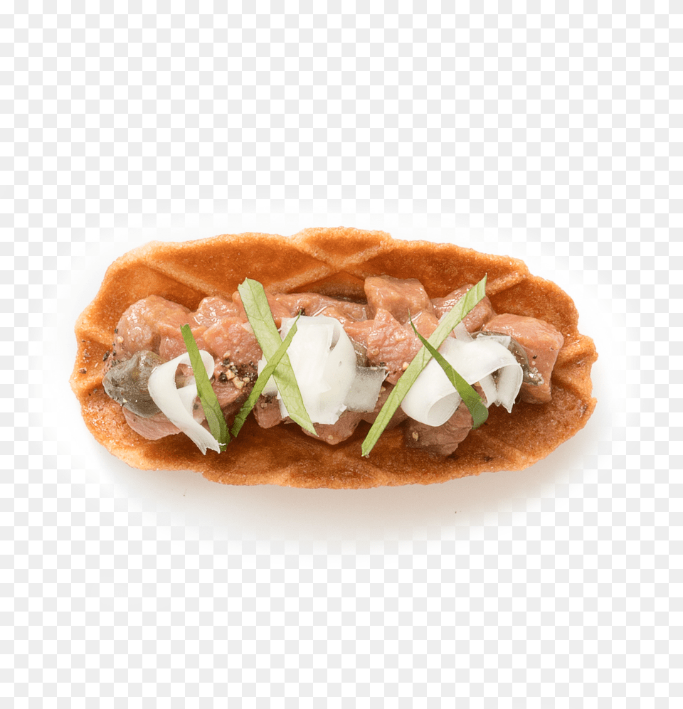 Mini Taco With Tartare Beef And Parsley Steak Tartare, Bread, Food, Waffle Free Png Download