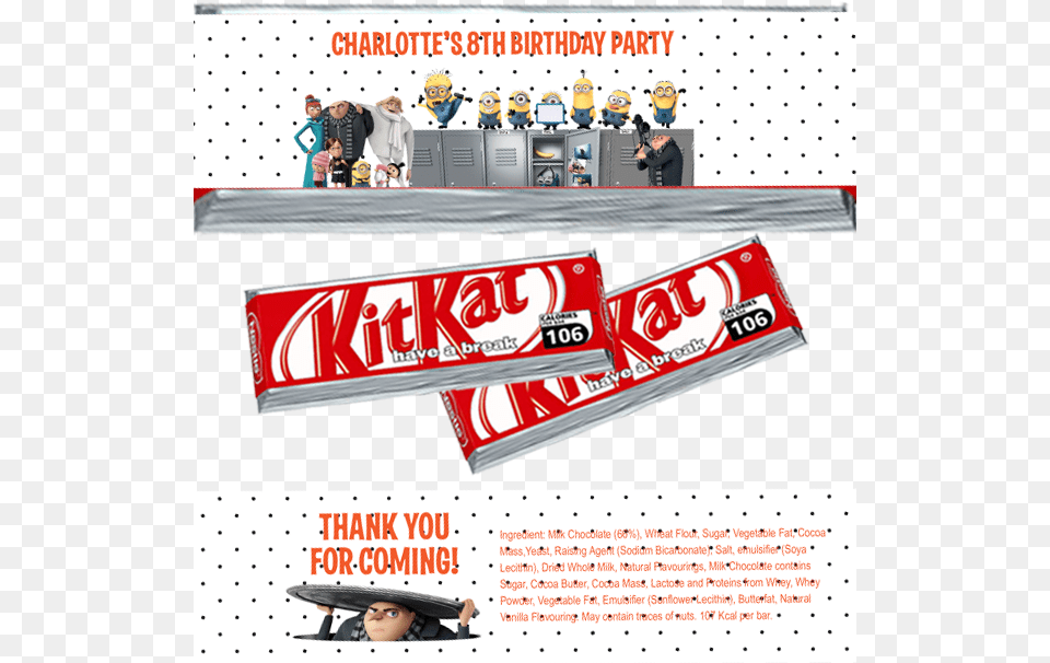 Minions Despicable Me Kitkat Wrappers Despicable Me Birthday Banner Personalized Party Backdrop, Advertisement, Poster, Person, Face Png