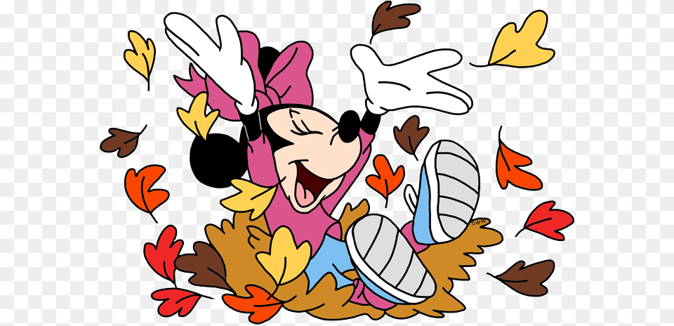 Minnie Mouse Jumping In A Pile Of Fall Leaves Clip Art Minnie, Leaf, Plant, Cartoon Png