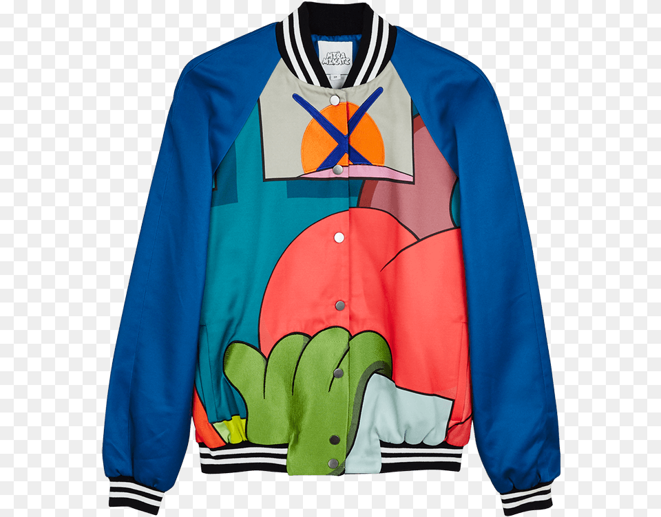 Mira Mikati X Kaws Blue Bomber Jacket Sweater, Clothing, Coat, Knitwear Png