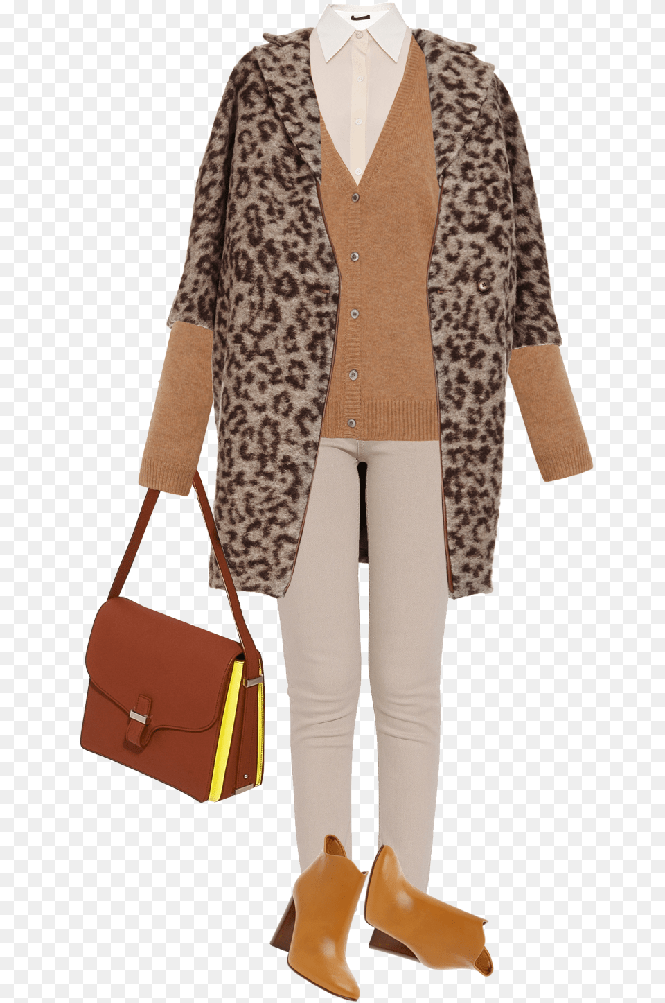 Model Wearing Thakoon Addition Leopard Printed Leather Shoulder Bag, Accessories, Clothing, Handbag, Knitwear Png