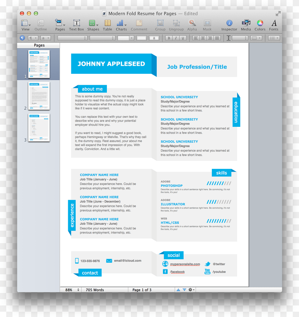 Modern Fold Resume Template For Pages Template, File, Webpage, Page, Text Free Png