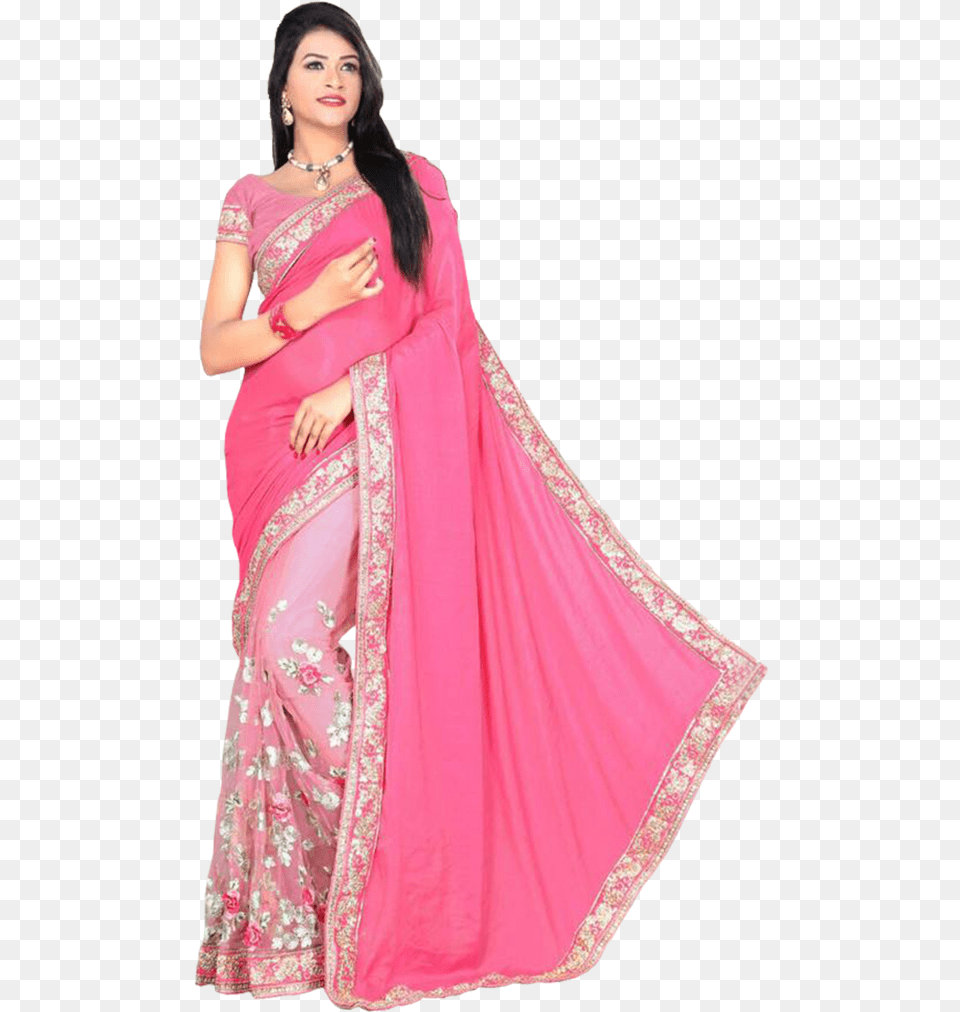 Modern Plain Saree With Printed Blouse, Silk, Clothing, Sari, Adult Png