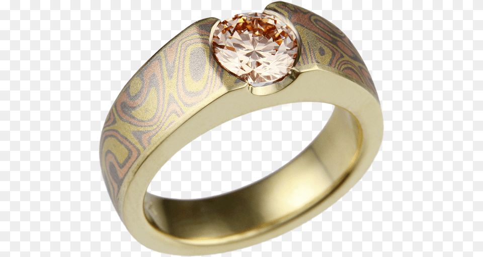 Mokume Flush Stone Solitaire With Light Pink Diamond Pre Engagement Ring, Accessories, Jewelry, Gemstone, Gold Free Png