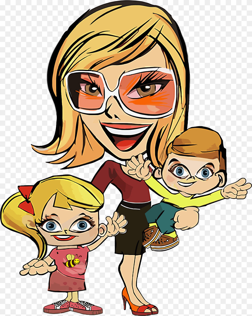 Mom And Two Kids Caricature Icons, Book, Comics, Publication, Adult Png