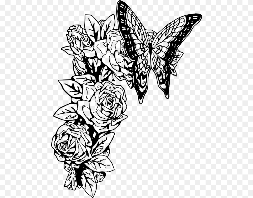 Monarch Butterfly Black And White Drawing Rose Butterfly On Rose Drawing, Gray Png