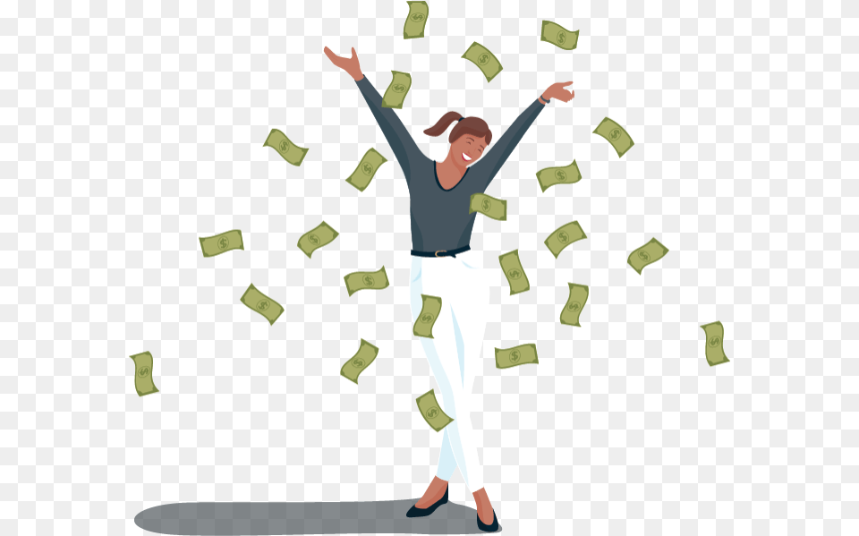 Money Falling From The Sky Around Smiling Woman Jumping, Adult, Female, Person, Face Free Png Download