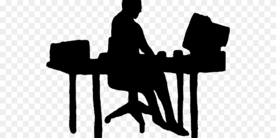 Monitor Clipart Silhouette Computer Office Clipart Black And White, Furniture, Table, Desk, Person Free Png