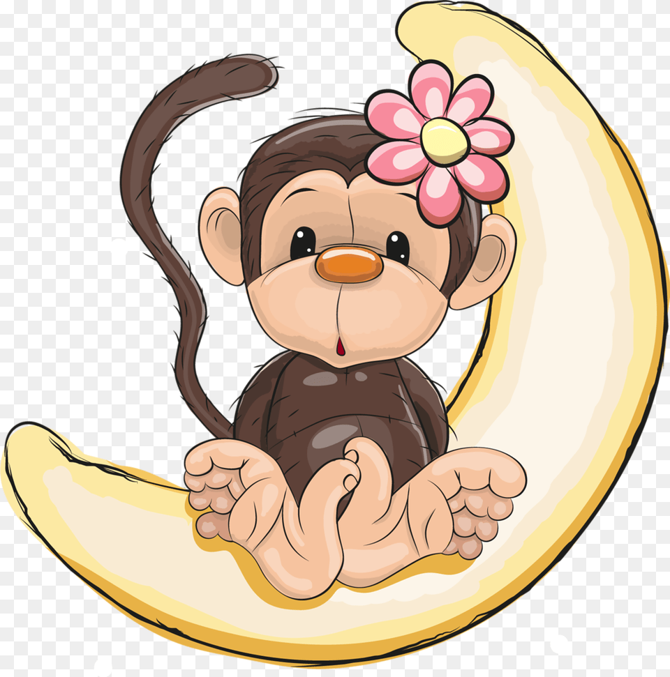 Monkey And Moon Clipart Cute Cartoon Monkey, Banana, Food, Fruit, Plant Png