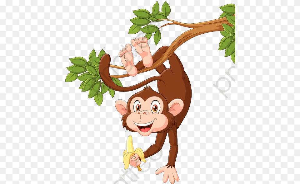 Monkey Clipart Upside Down Monkey Hanging On Tree Cartoon, Banana, Food, Fruit, Plant Free Png