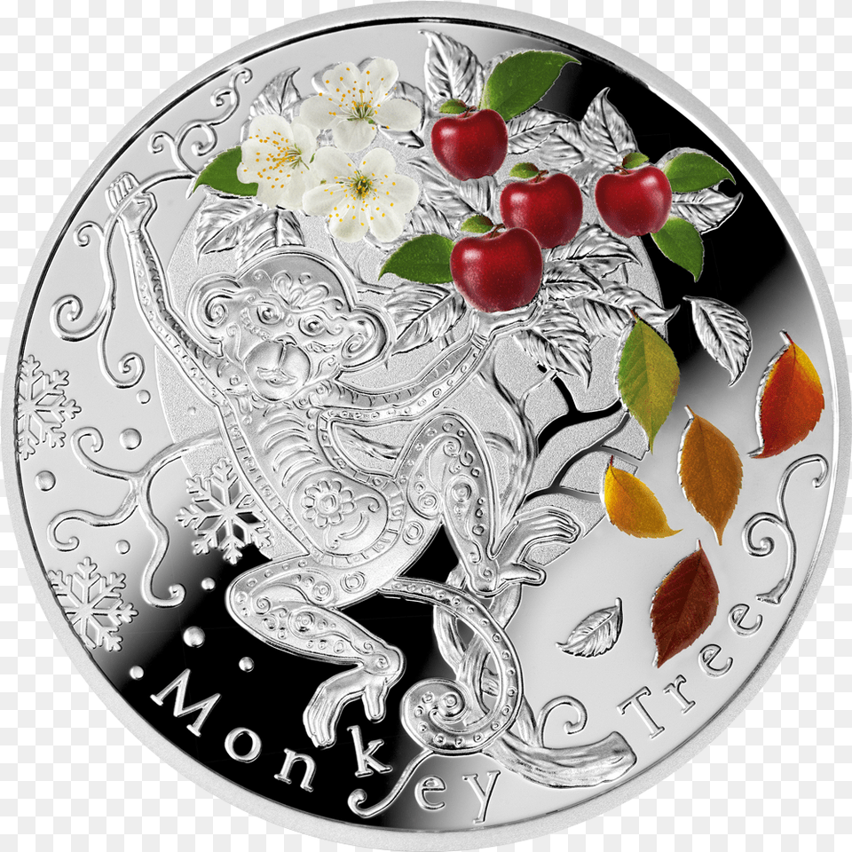 Monkey Tree 1 Dollar Mint Of Poland Coin Designed By Circle, Silver, Plate, Food, Fruit Png