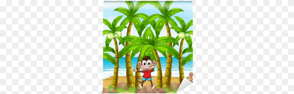Monkeys At The Beach With Coconut Trees Wall Mural Coconut Tree Background Cartoon, Plant, Vegetation, Summer, Outdoors Free Transparent Png