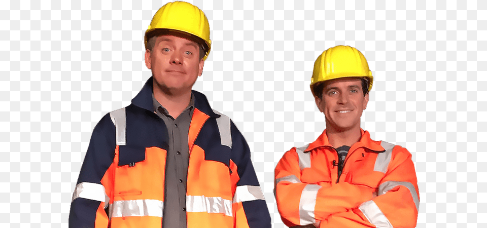 Monster Builds Dick And Dom Cbbc Absolute Genius, Worker, Clothing, Hardhat, Helmet Png Image