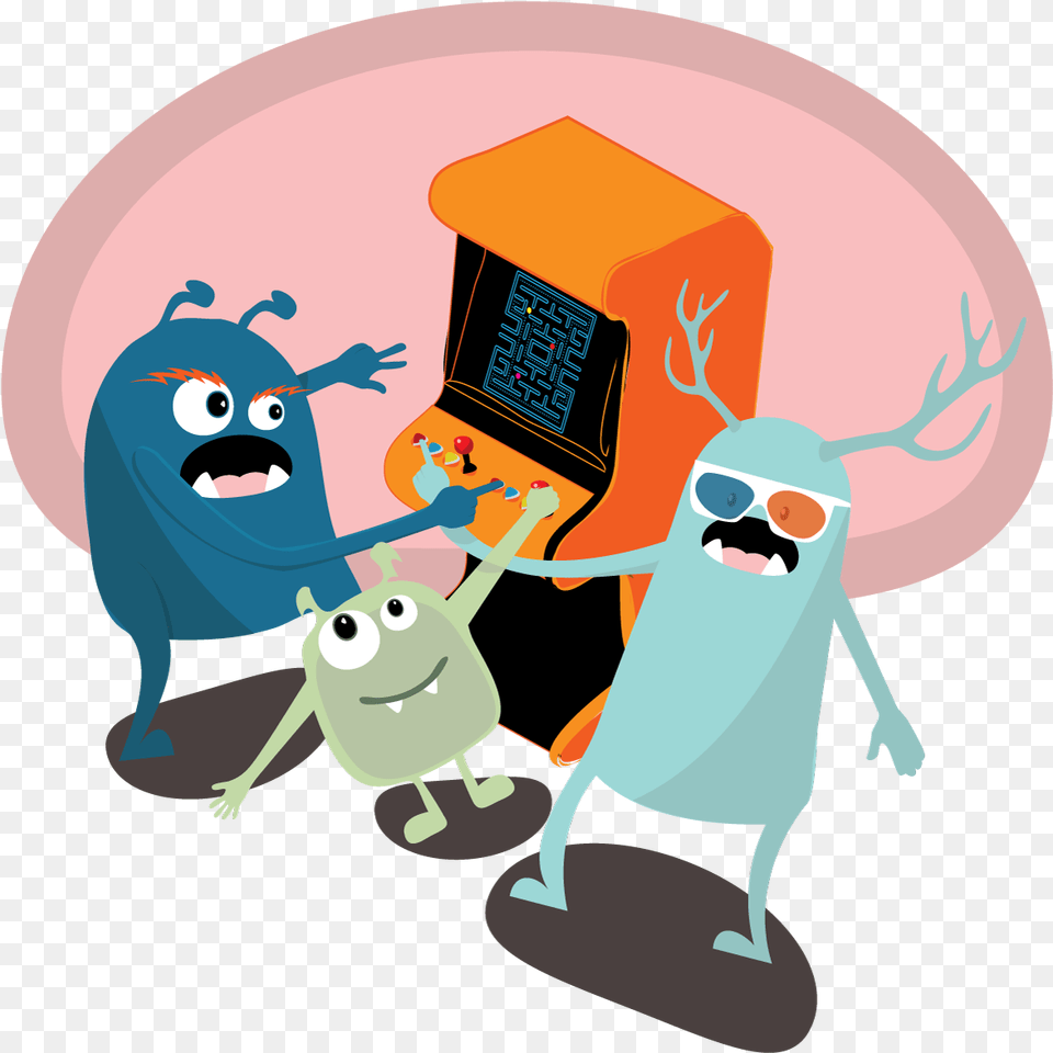 Monsters Playing An Arcade Game Cartoon, Person Free Png