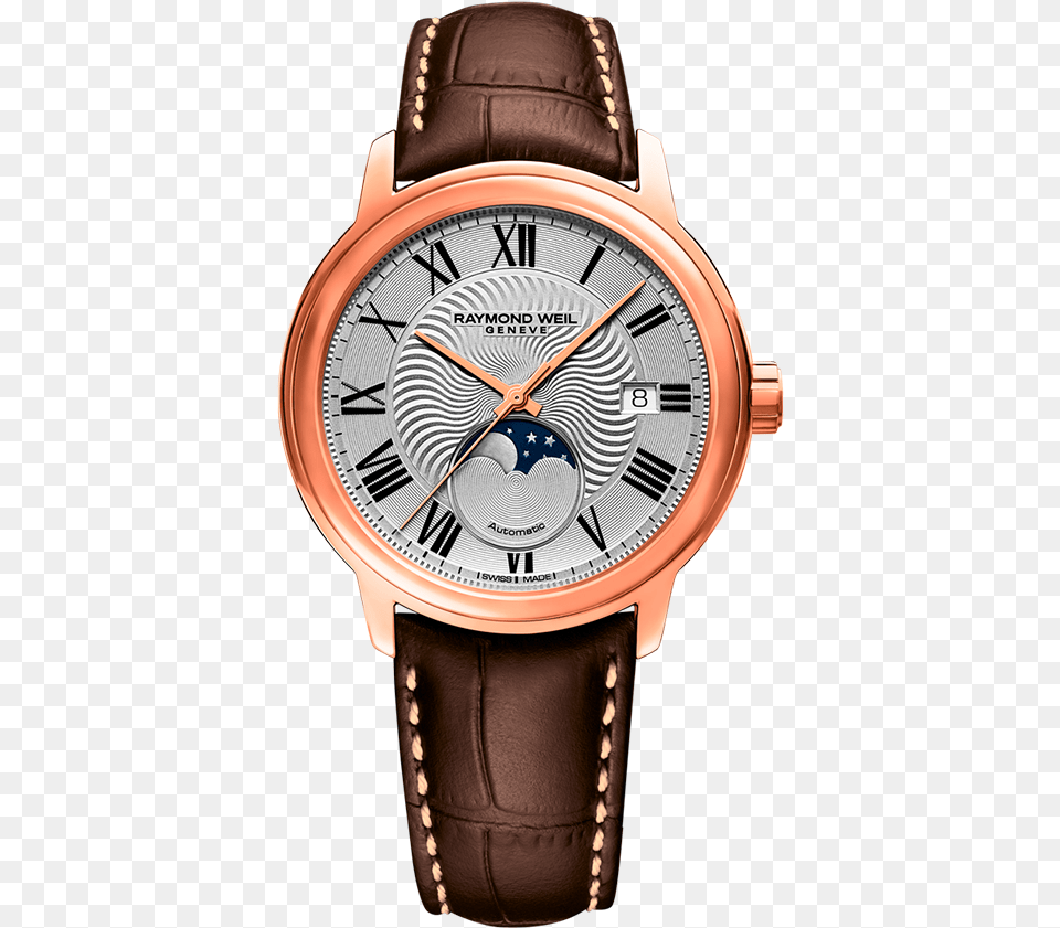 Moon Phase Brown Leather Mens Watch Raymond Weil Gold Moon Phase, Arm, Body Part, Person, Wristwatch Free Png Download