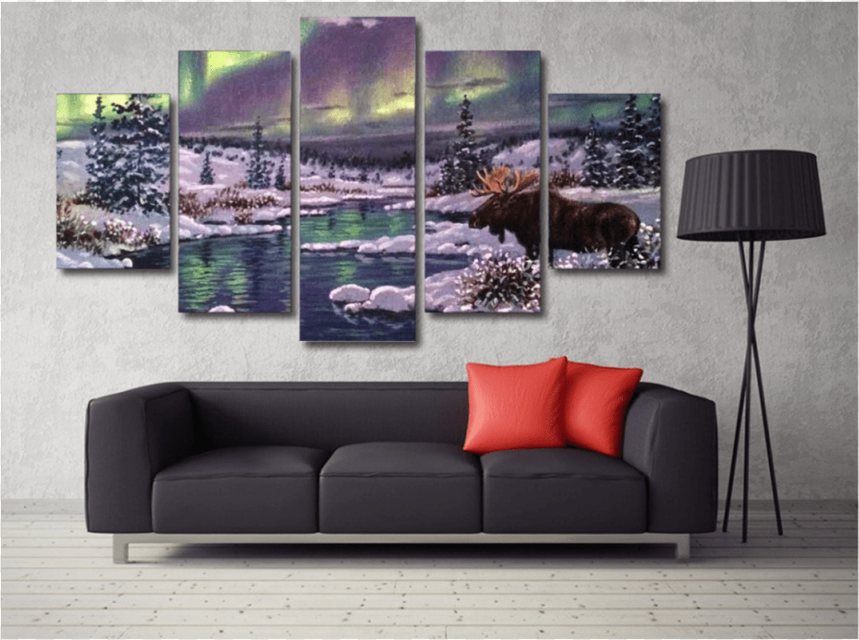 Moose Aurora Forest And Snow 5 Panel Wall Art Floral Design For Living Room Glass Paintings, Furniture, Lamp, Couch, Mammal Free Transparent Png