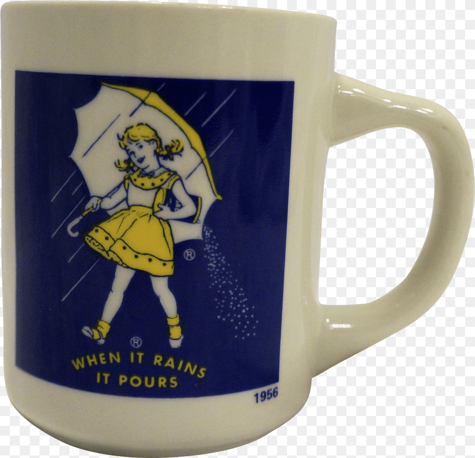 Morton Salt When It Rains It Pours Yellow Dress Umbrella Vintage Morton Salt Logo, Cup, Baby, Person, Beverage Free Png