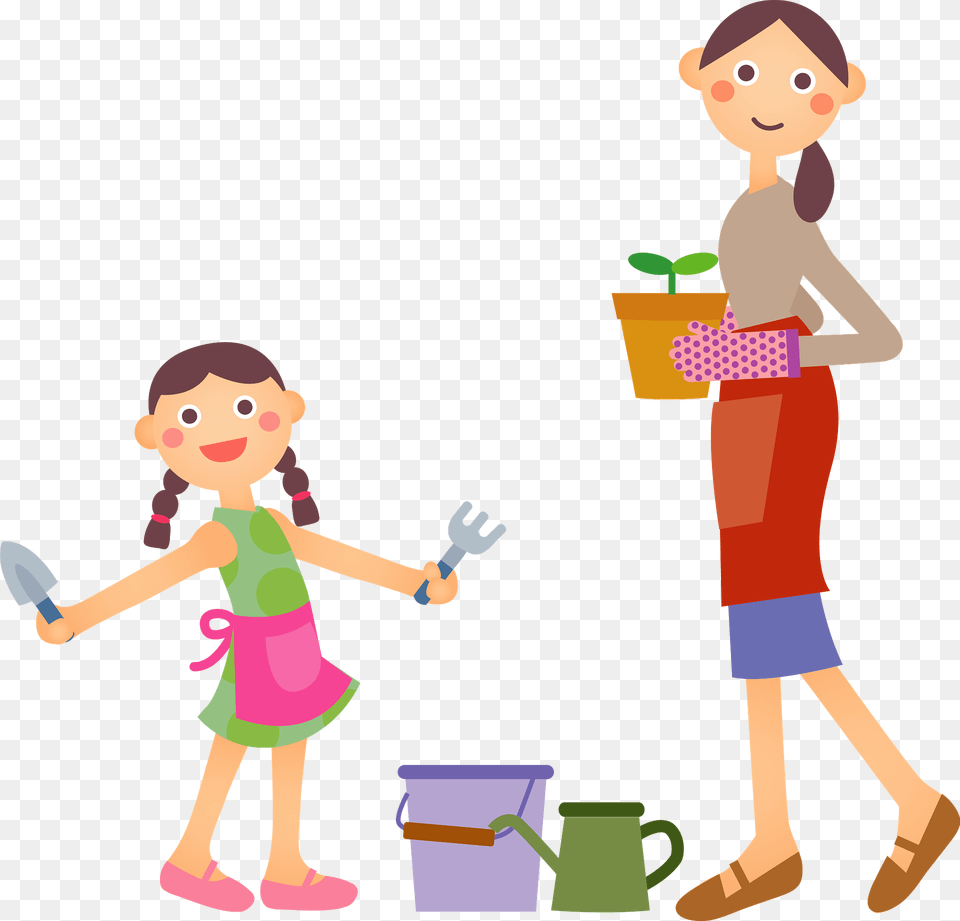 Mother And Daughter Are Gardening Clipart, Cleaning, Person, Face, Head Png