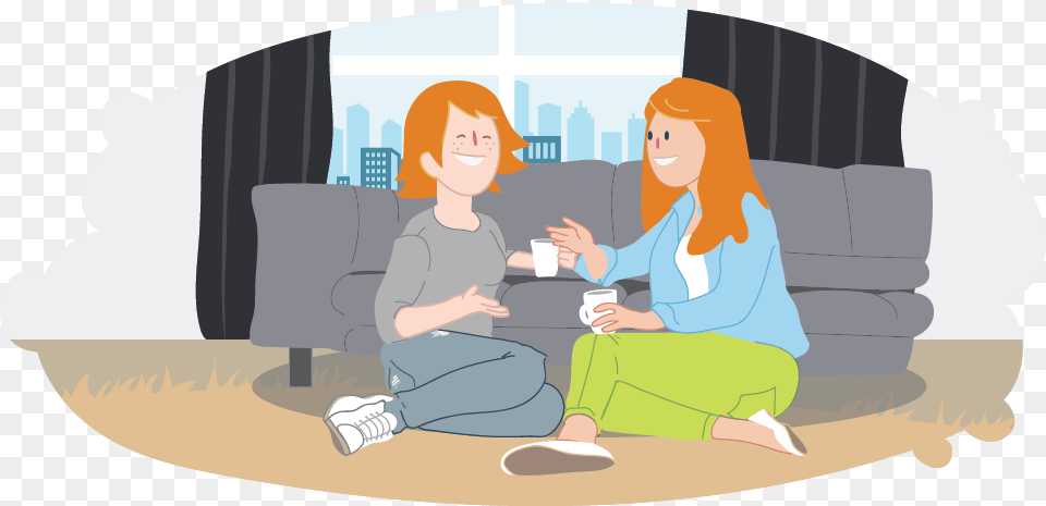 Mother And Daughter Talking To Each Other On Floor Cartoon Adults Talking, Architecture, Building, Room, Couch Png