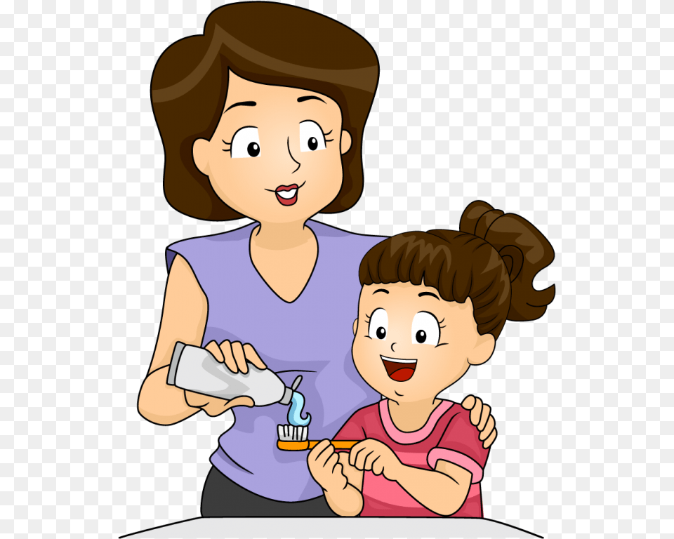 Mother And Kid Brushing Teeth Clipart Tooth Brushing Baby Teeth Cartoon, Person, Face, Head, Book Png
