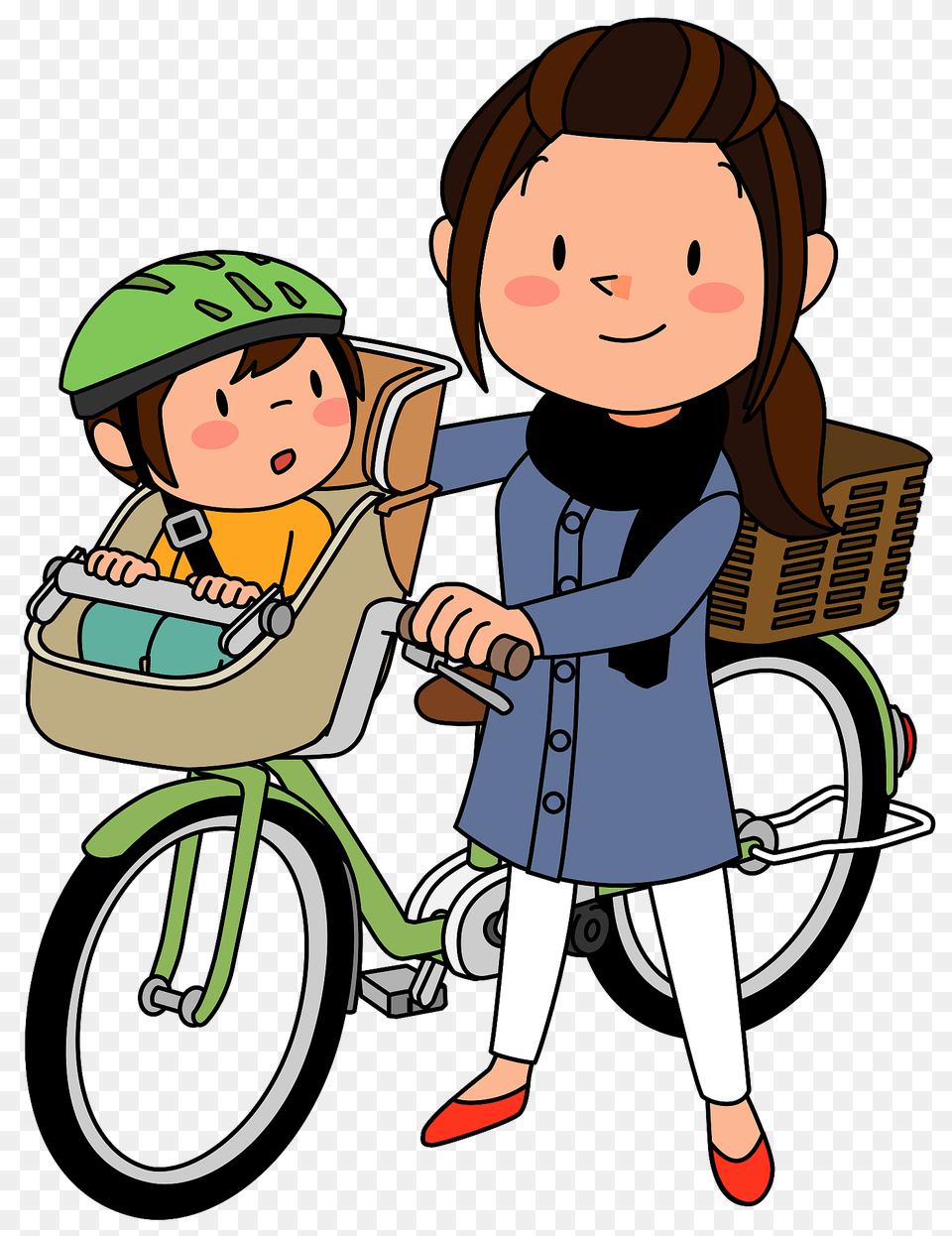 Mother Is Riding A Bicycle With A Child Seat On The Front Clipart, Baby, Person, Clothing, Coat Png Image