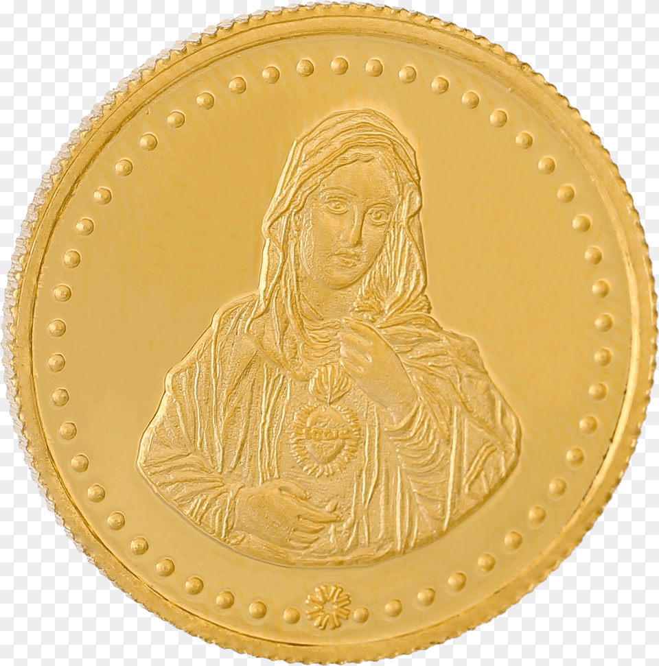 Mother Mary Gold Coin, Person, Face, Head, Plate Png Image