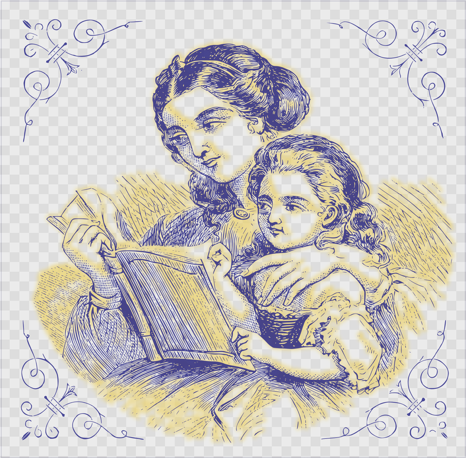 Mother Reading For Her Daughter 01 Clip Arts Mother And Daughter Art, Drawing, Face, Head Free Png Download