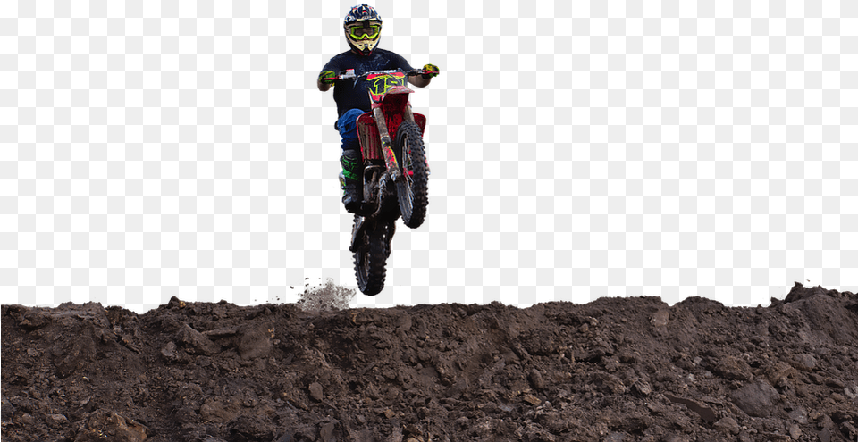 Motocross Jump Airborne Dangerous Dirtbike Ramp Motorcycle, Vehicle, Transportation, Soil, Person Free Png Download